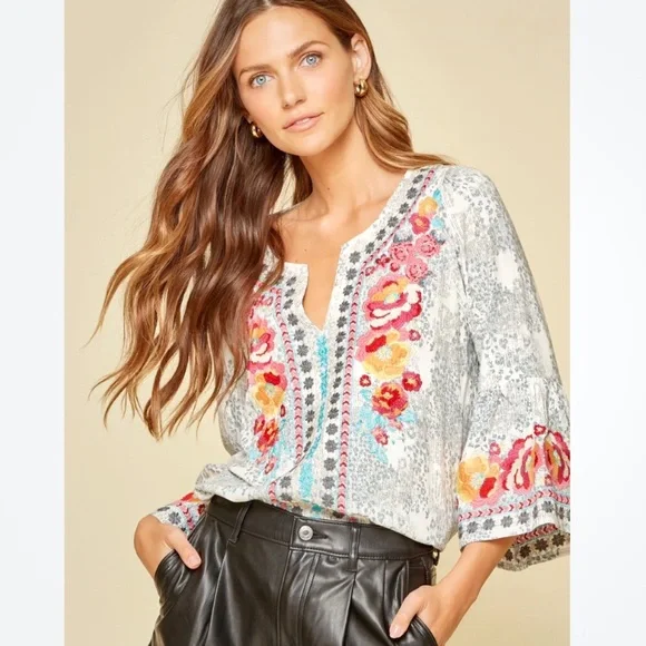 Savanna Jane Multicolor Floral Embroidered Rayon Bell Sleeve Blouse - Picture 1 of 9